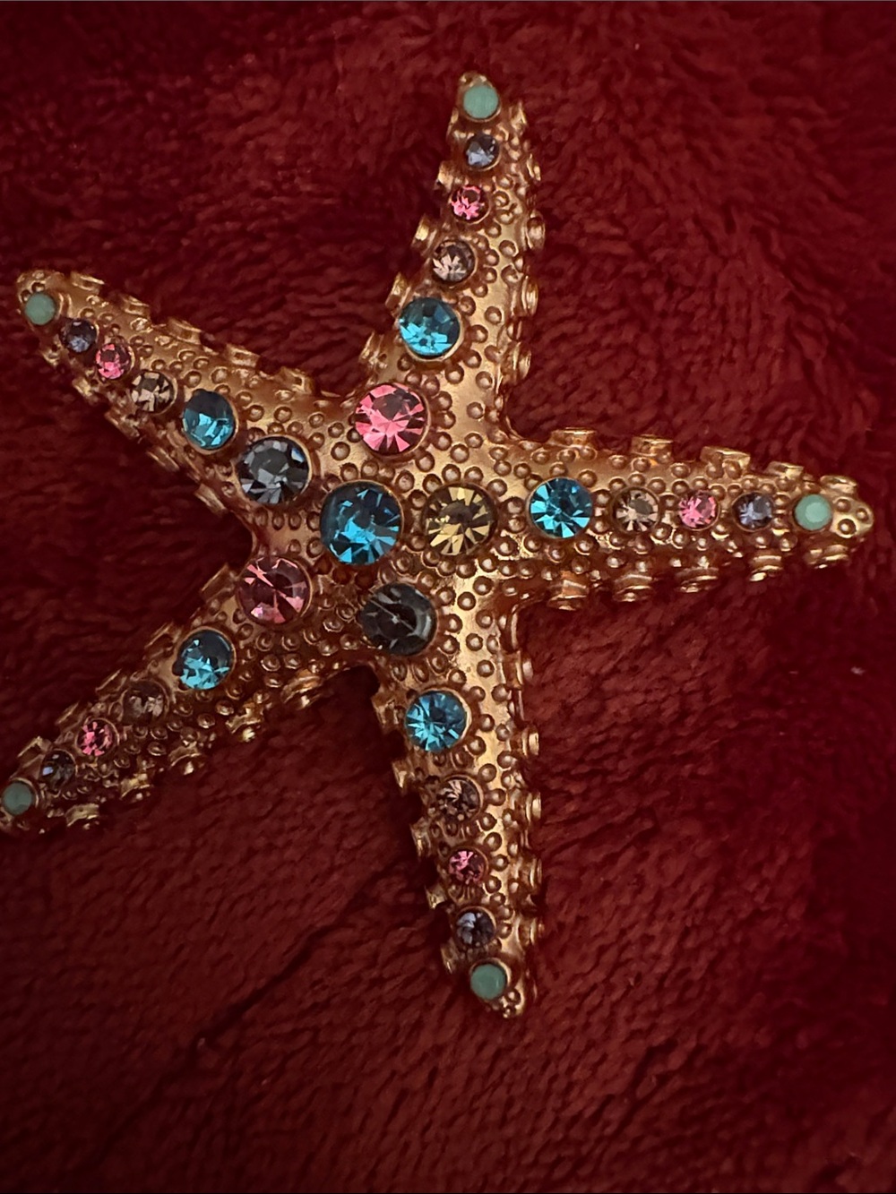 Gold Starfish Brooch with Blue and Pink Crystals - Women Jewelry